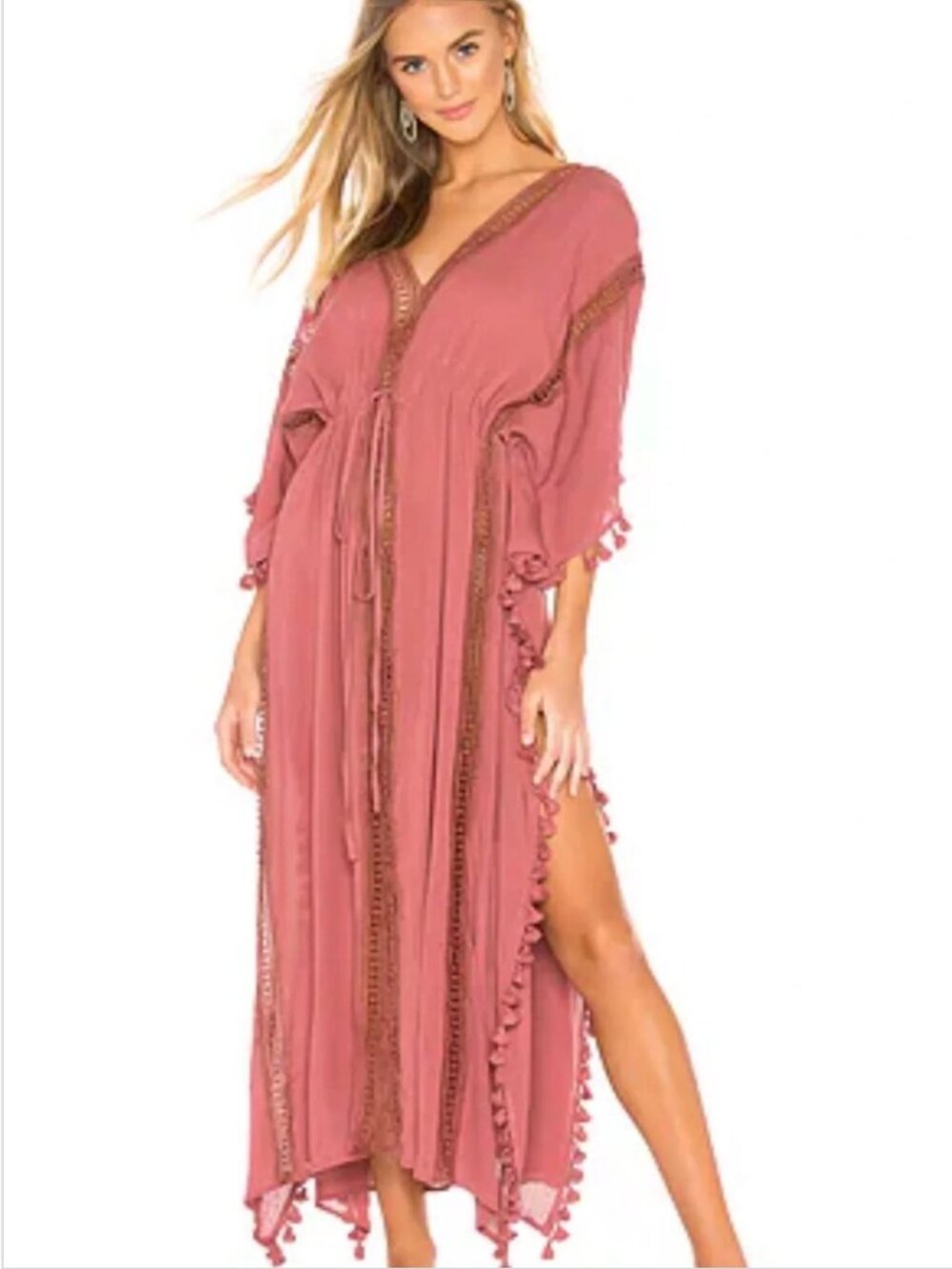 Michael Stars Dusty Rose Pom-Pom Trim Maxi Caftan